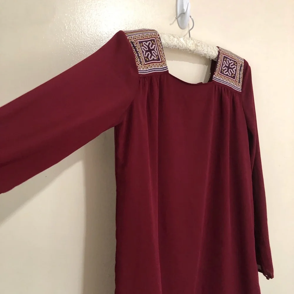 🔴Beautiful Burgundy Square Neck Long sleeve Mini Dress embroider shoulder sizeS - Picture 6 of 14
